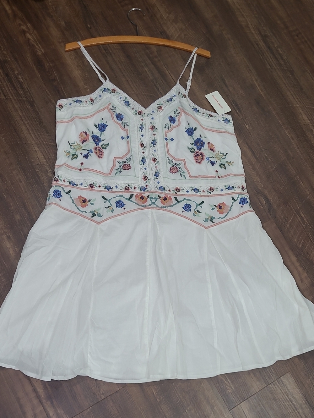 NWT $129 Lucky Brand White Strappy Tank Dress Embroidered Floral Cross Stitch L